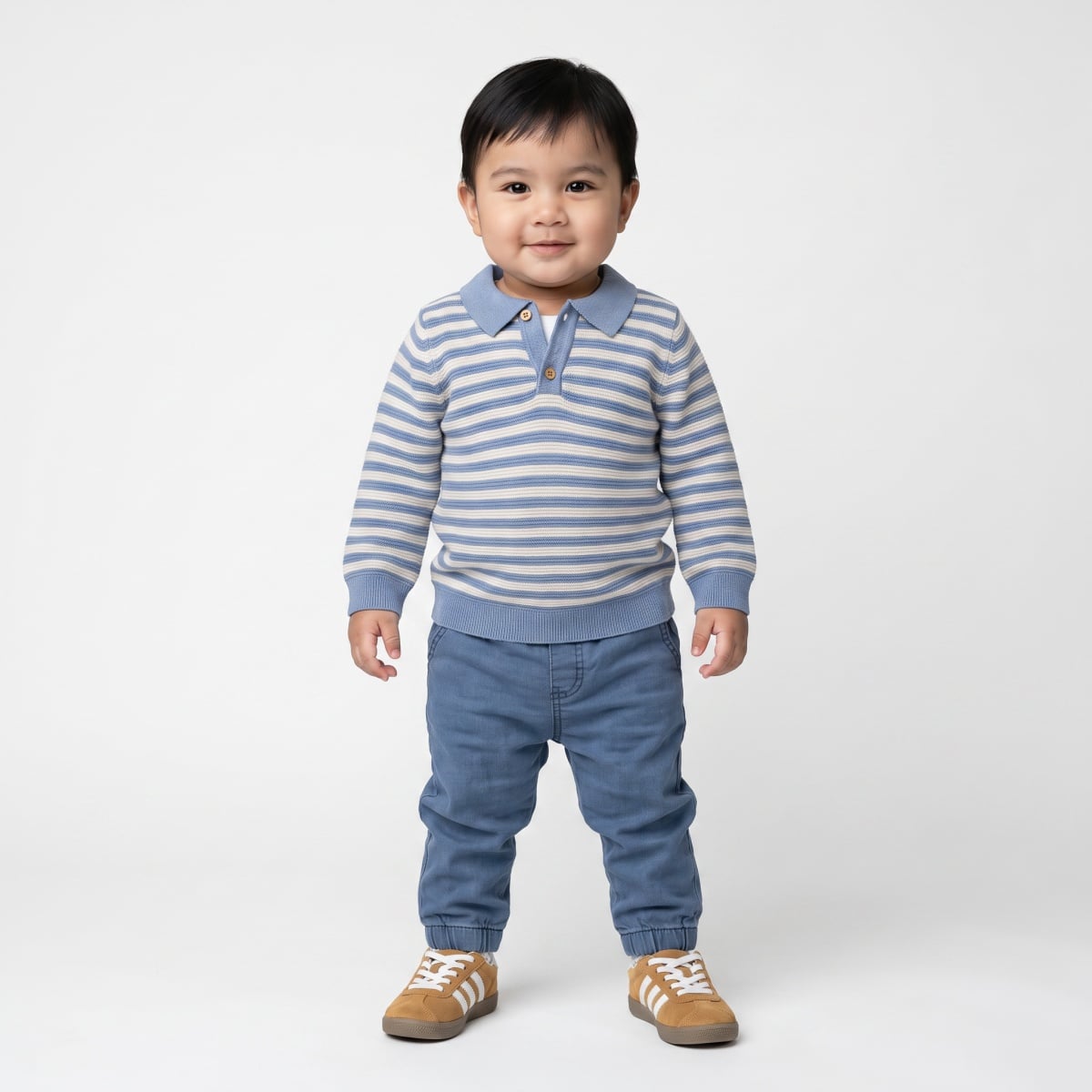 Baby Boys Blue And Off-White Cotton Blend Striped Knitted Polo Sweater Pack Of 1 Regular Fit Casual Wear