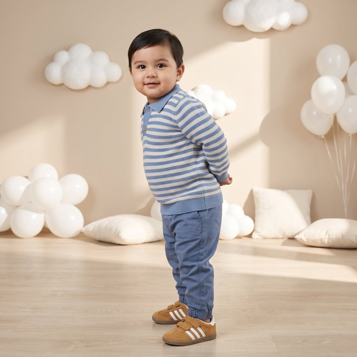 Baby Boys Blue And Off-White Cotton Blend Striped Knitted Polo Sweater Pack Of 1 Regular Fit Casual Wear