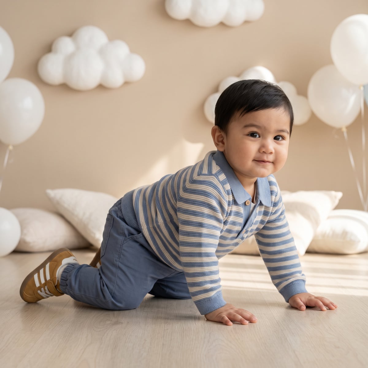 Baby Boys Blue And Off-White Cotton Blend Striped Knitted Polo Sweater Pack Of 1 Regular Fit Casual Wear