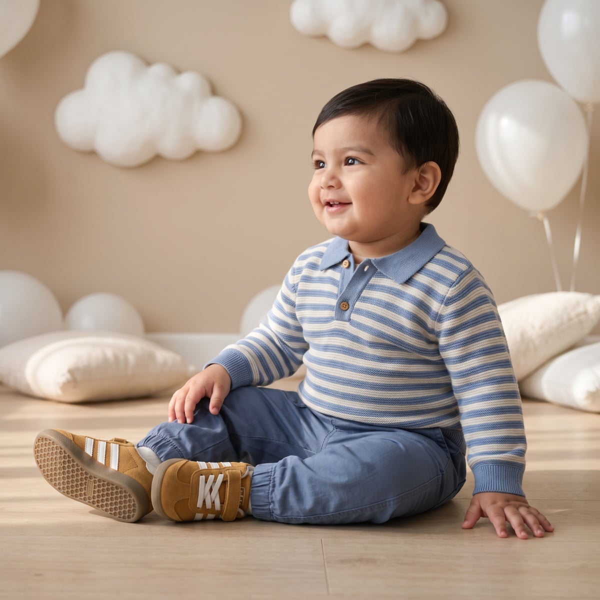 Baby Boys Blue And Off-White Cotton Blend Striped Knitted Polo Sweater Pack Of 1 Regular Fit Casual Wear