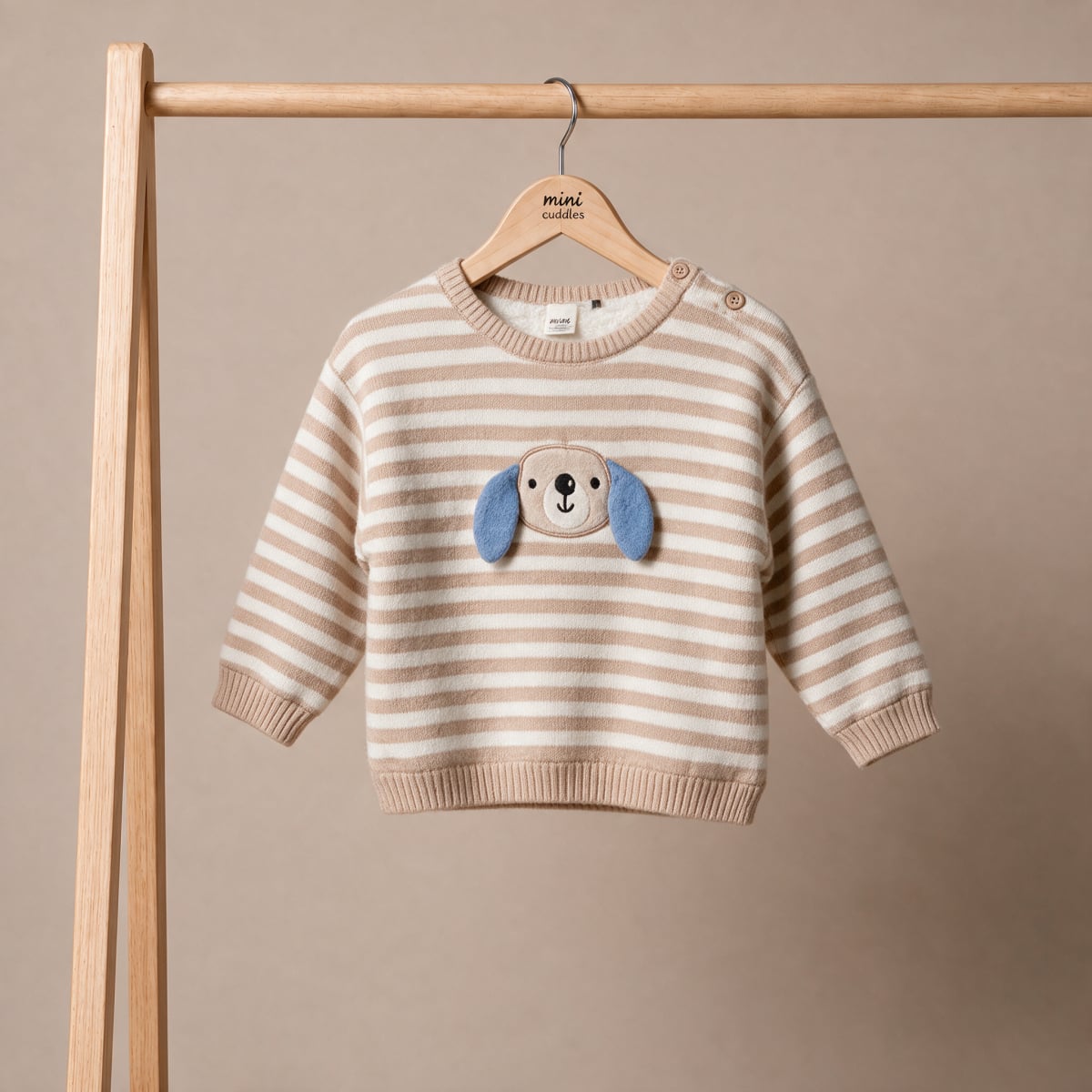 Baby Boys Beige and Cream Knitted Striped Sweater 3D Dog Detail Regular Fit Winter Wear
