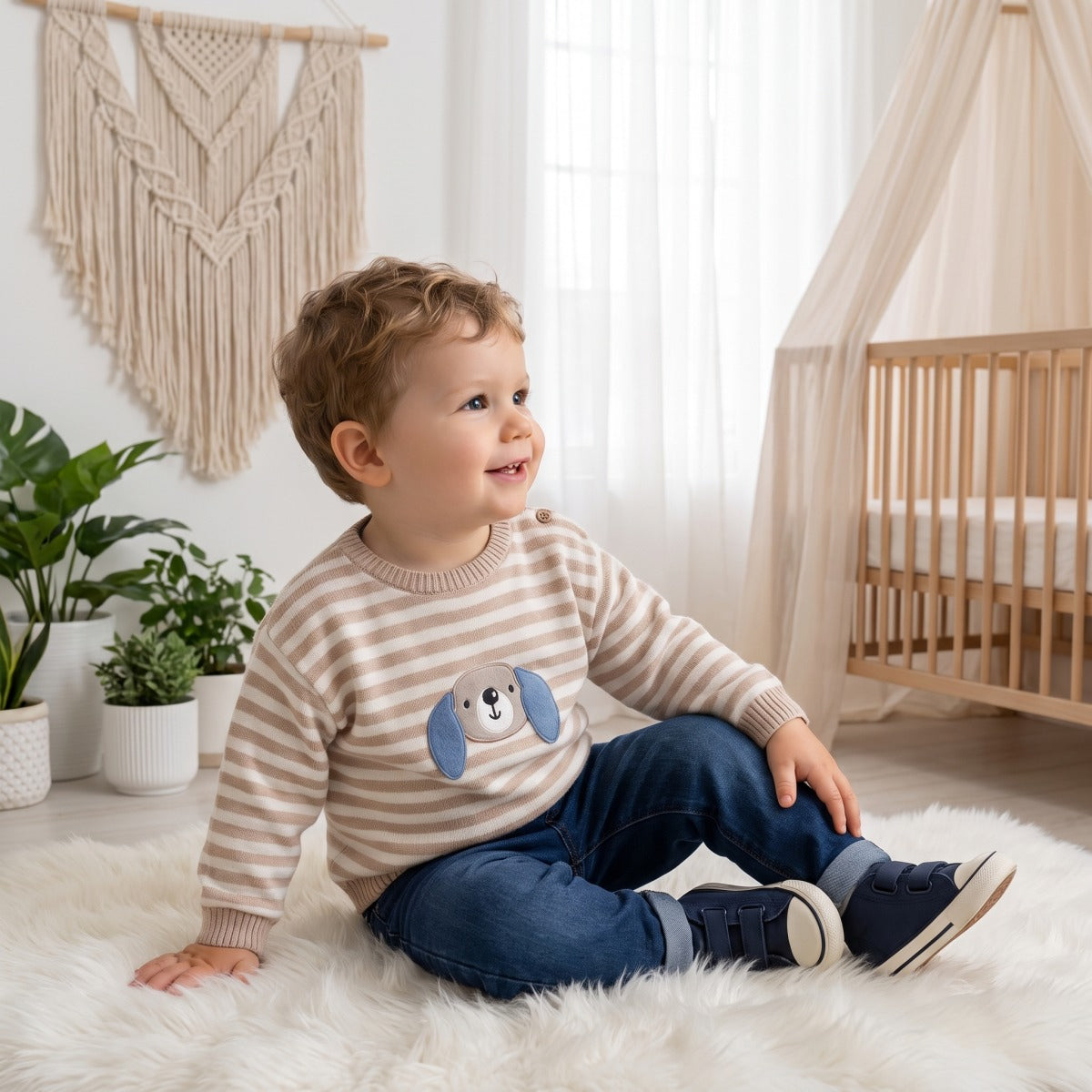 Baby Boys Beige and Cream Knitted Striped Sweater 3D Dog Detail Regular Fit Winter Wear