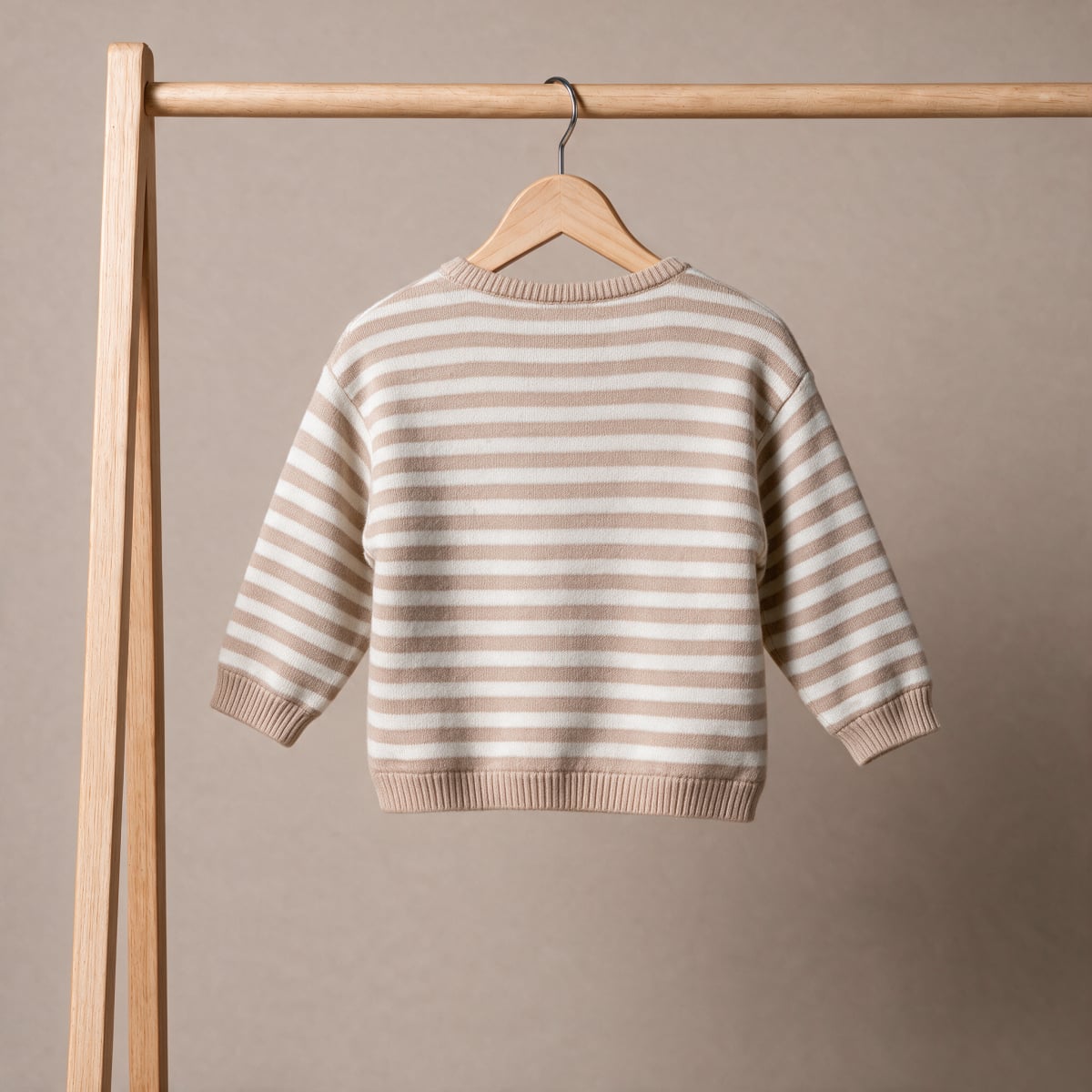 Baby Boys Beige and Cream Knitted Striped Sweater 3D Dog Detail Regular Fit Winter Wear