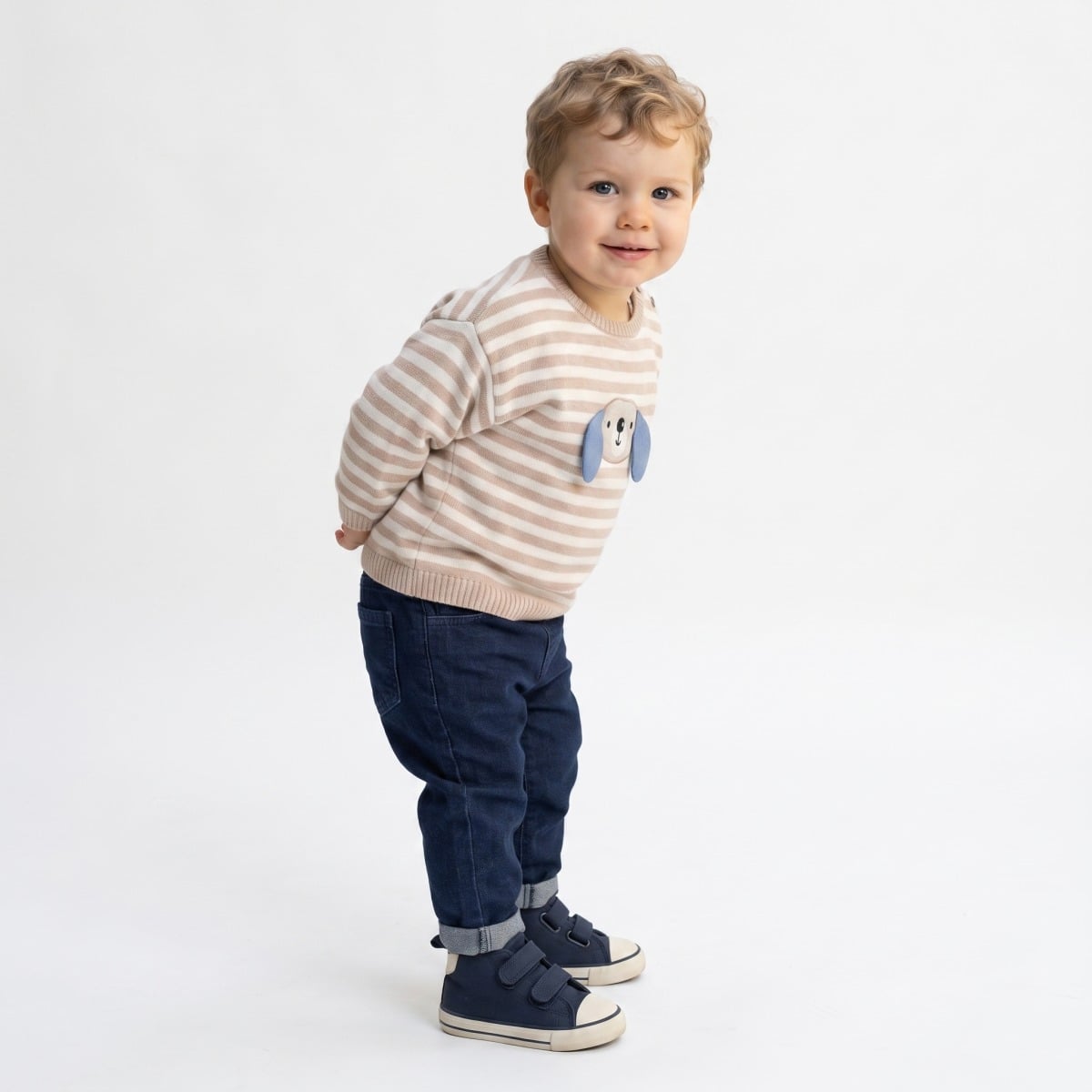 Baby Boys Beige and Cream Knitted Striped Sweater 3D Dog Detail Regular Fit Winter Wear