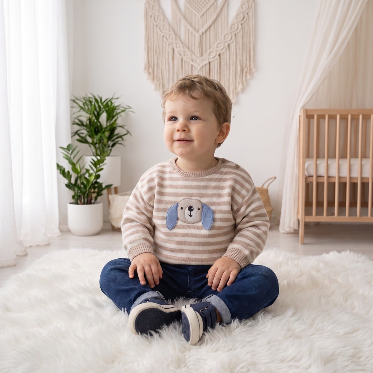 Baby Boys Beige and Cream Knitted Striped Sweater 3D Dog Detail Regular Fit Winter Wear