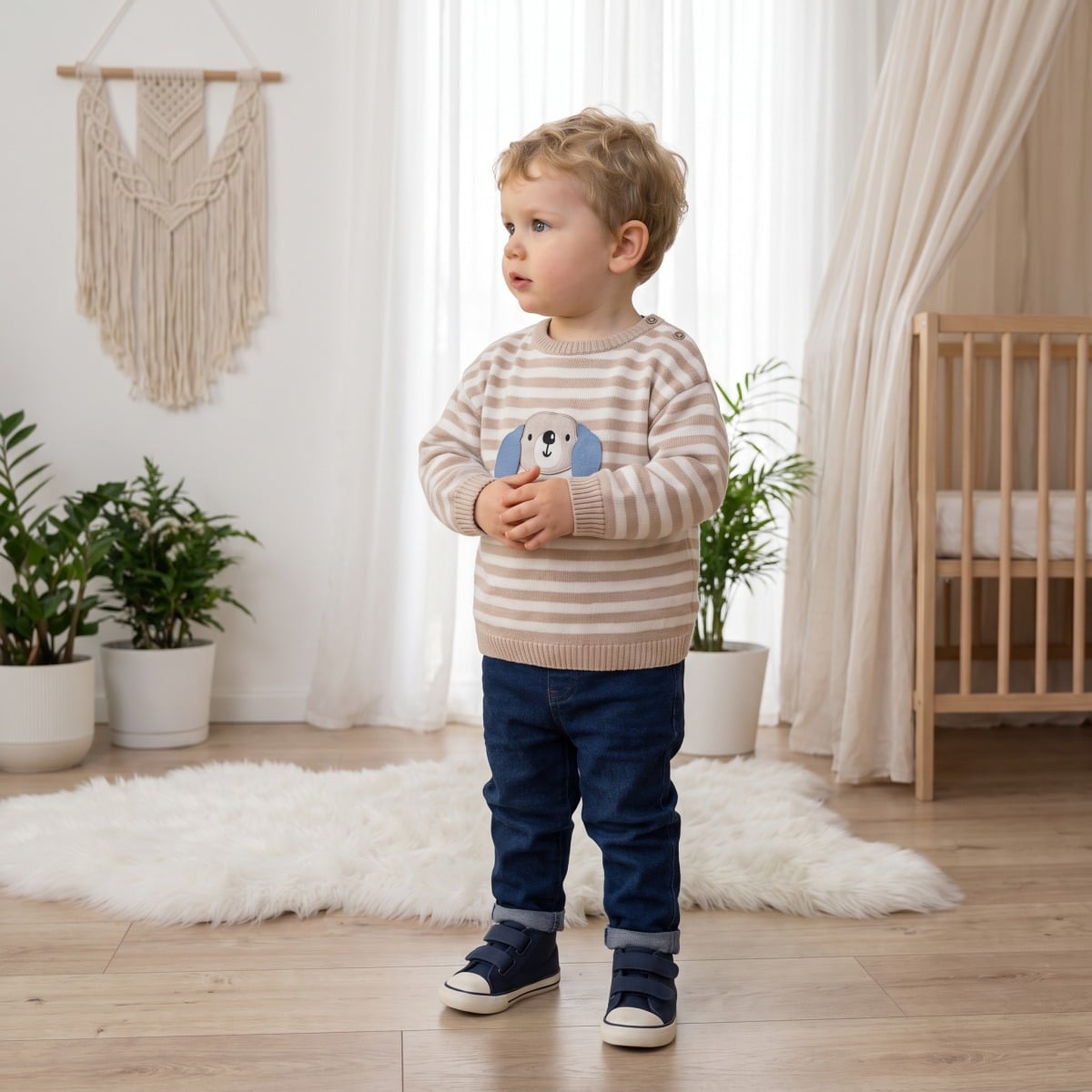 Baby Boys Beige and Cream Knitted Striped Sweater 3D Dog Detail Regular Fit Winter Wear