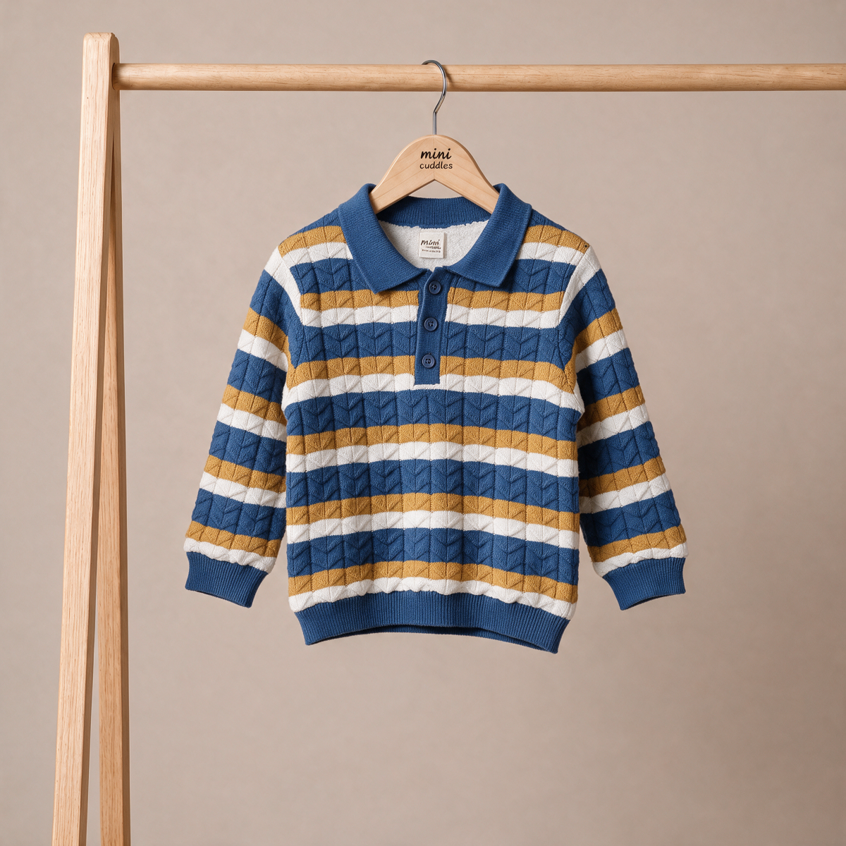 Baby Boys Blue Mustard Yellow And White Cotton Blend Striped Knitted Polo Sweater Regular Fit Casual Wear
