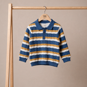 Baby Boys Blue Mustard Yellow And White Cotton Blend Striped Knitted Polo Sweater Regular Fit Casual Wear