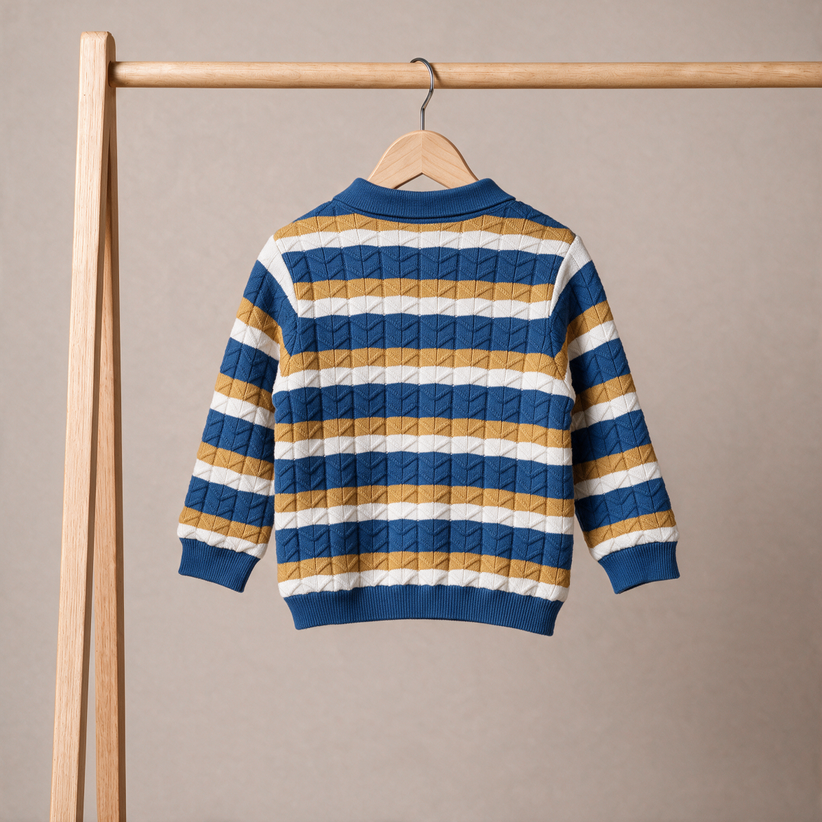Baby Boys Blue Mustard Yellow And White Cotton Blend Striped Knitted Polo Sweater Regular Fit Casual Wear