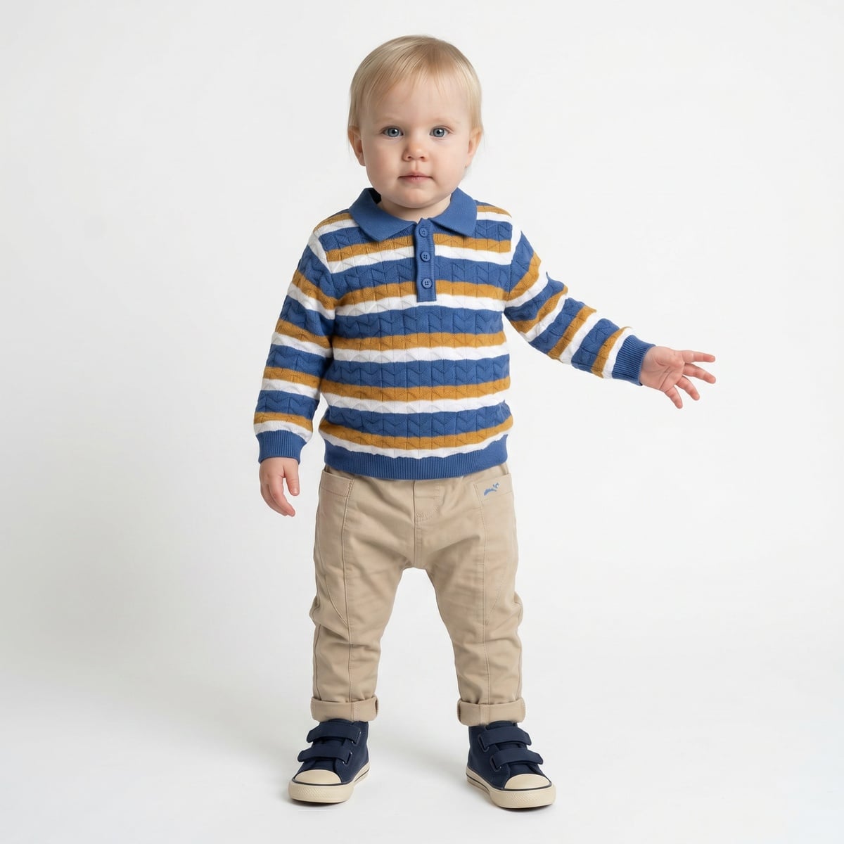 Baby Boys Blue Mustard Yellow And White Cotton Blend Striped Knitted Polo Sweater Regular Fit Casual Wear