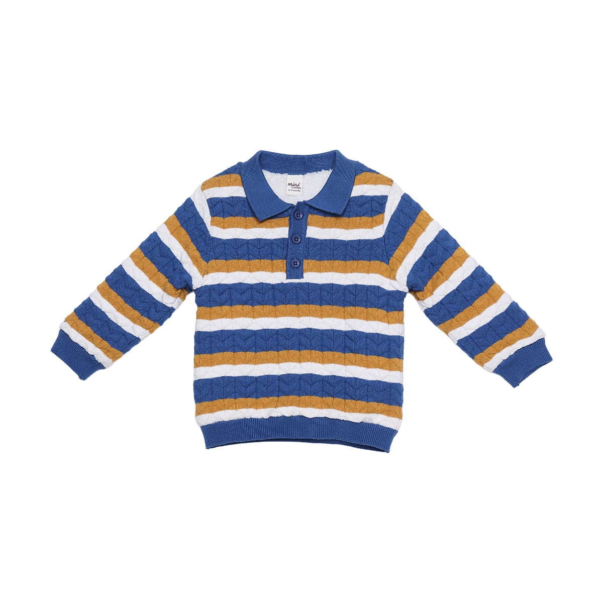 Baby Boys Blue Mustard Yellow And White Cotton Blend Striped Knitted Polo Sweater Regular Fit Casual Wear