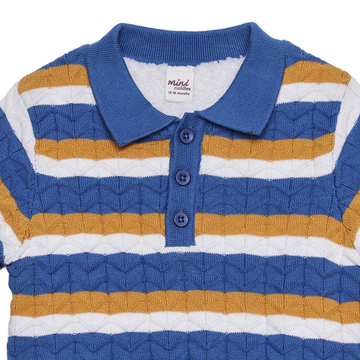 Baby Boys Blue Mustard Yellow And White Cotton Blend Striped Knitted Polo Sweater Regular Fit Casual Wear