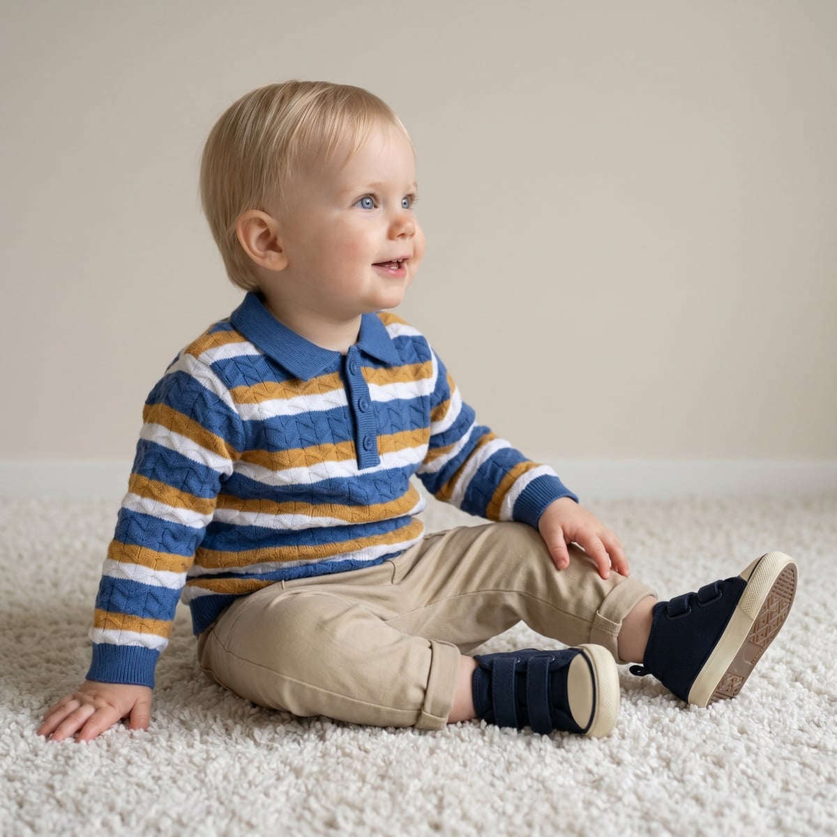 Baby Boys Blue Mustard Yellow And White Cotton Blend Striped Knitted Polo Sweater Regular Fit Casual Wear