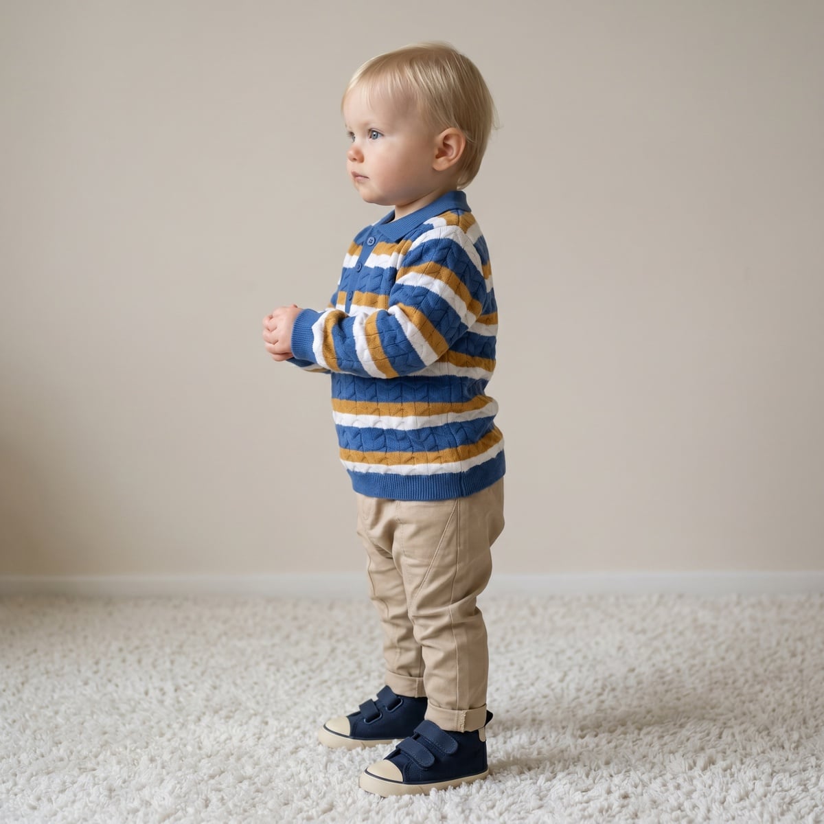 Baby Boys Blue Mustard Yellow And White Cotton Blend Striped Knitted Polo Sweater Regular Fit Casual Wear
