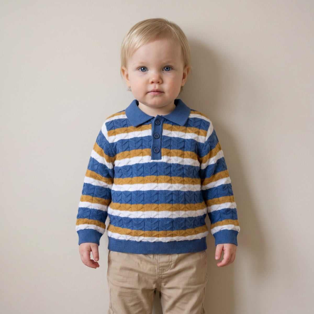 Baby Boys Blue Mustard Yellow And White Cotton Blend Striped Knitted Polo Sweater Regular Fit Casual Wear