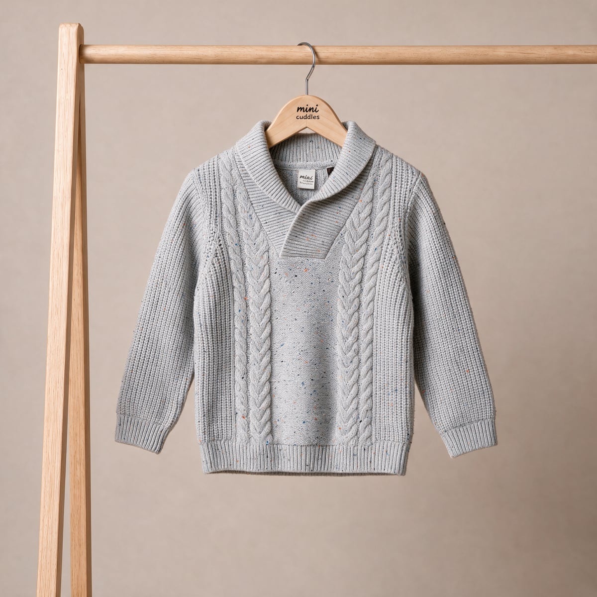 Baby Boys Grey Cotton Blend Cable Knit Shawl Collar Sweater Regular Fit Casual Wear