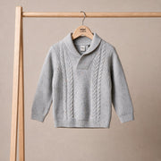 Baby Boys Grey Cotton Blend Cable Knit Shawl Collar Sweater Regular Fit Casual Wear
