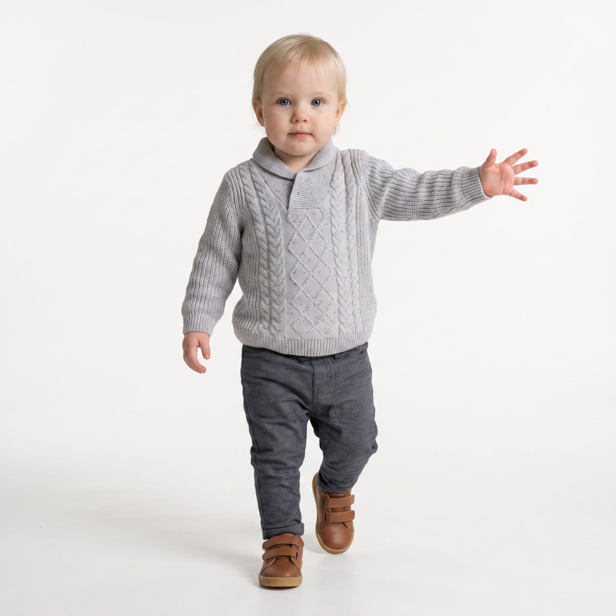 Baby Boys Grey Cotton Blend Cable Knit Shawl Collar Sweater Regular Fit Casual Wear