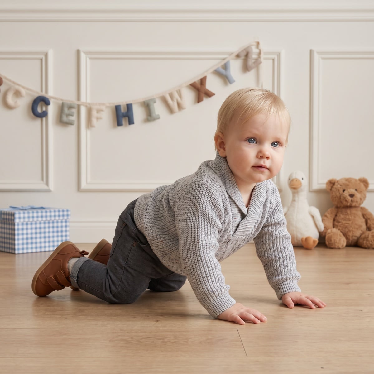 Baby Boys Grey Cotton Blend Cable Knit Shawl Collar Sweater Regular Fit Casual Wear