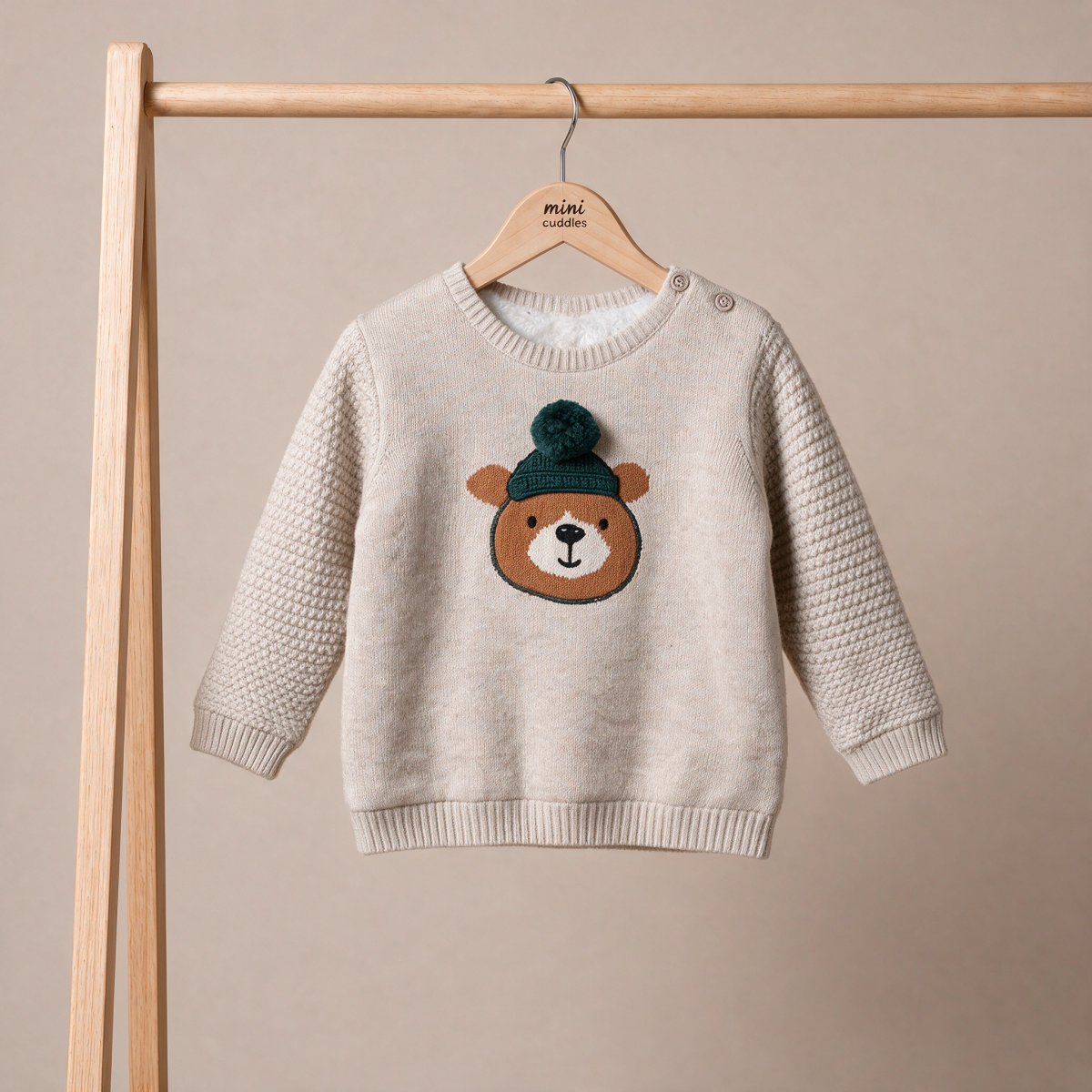 Baby Boys Beige Cotton Blend Bear Embroidered Knitted Full Sleeve Sweater Regular Fit Casual Wear