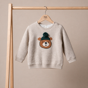 Baby Boys Beige Cotton Blend Bear Embroidered Knitted Full Sleeve Sweater Regular Fit Casual Wear