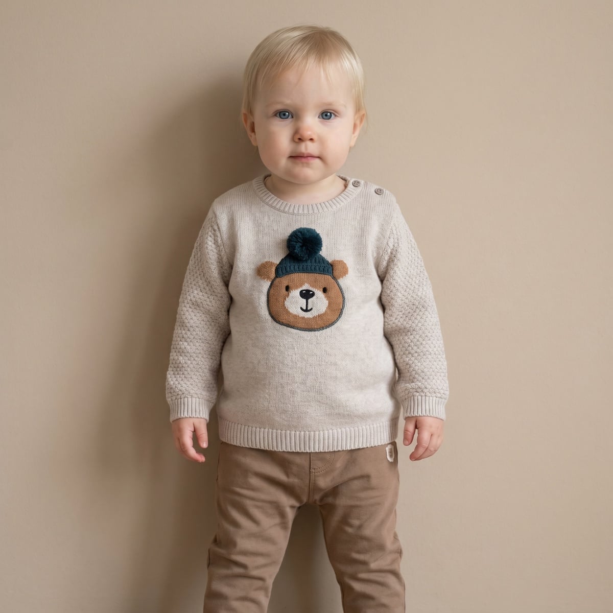 Baby Boys Beige Cotton Blend Bear Embroidered Knitted Full Sleeve Sweater Regular Fit Casual Wear