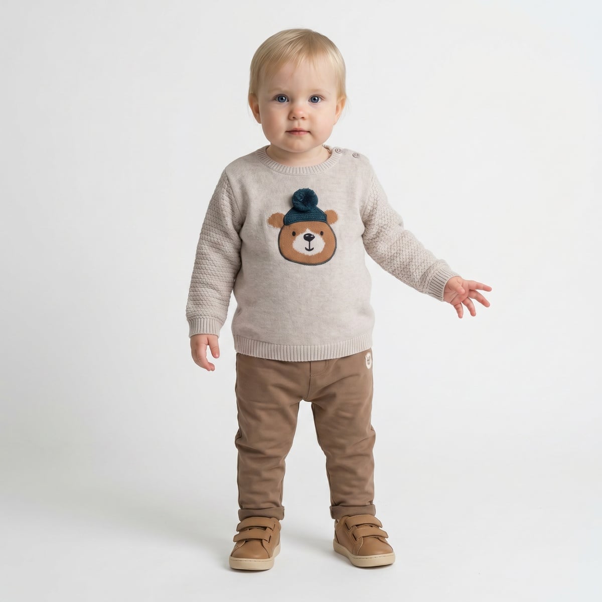 Baby Boys Beige Cotton Blend Bear Embroidered Knitted Full Sleeve Sweater Regular Fit Casual Wear