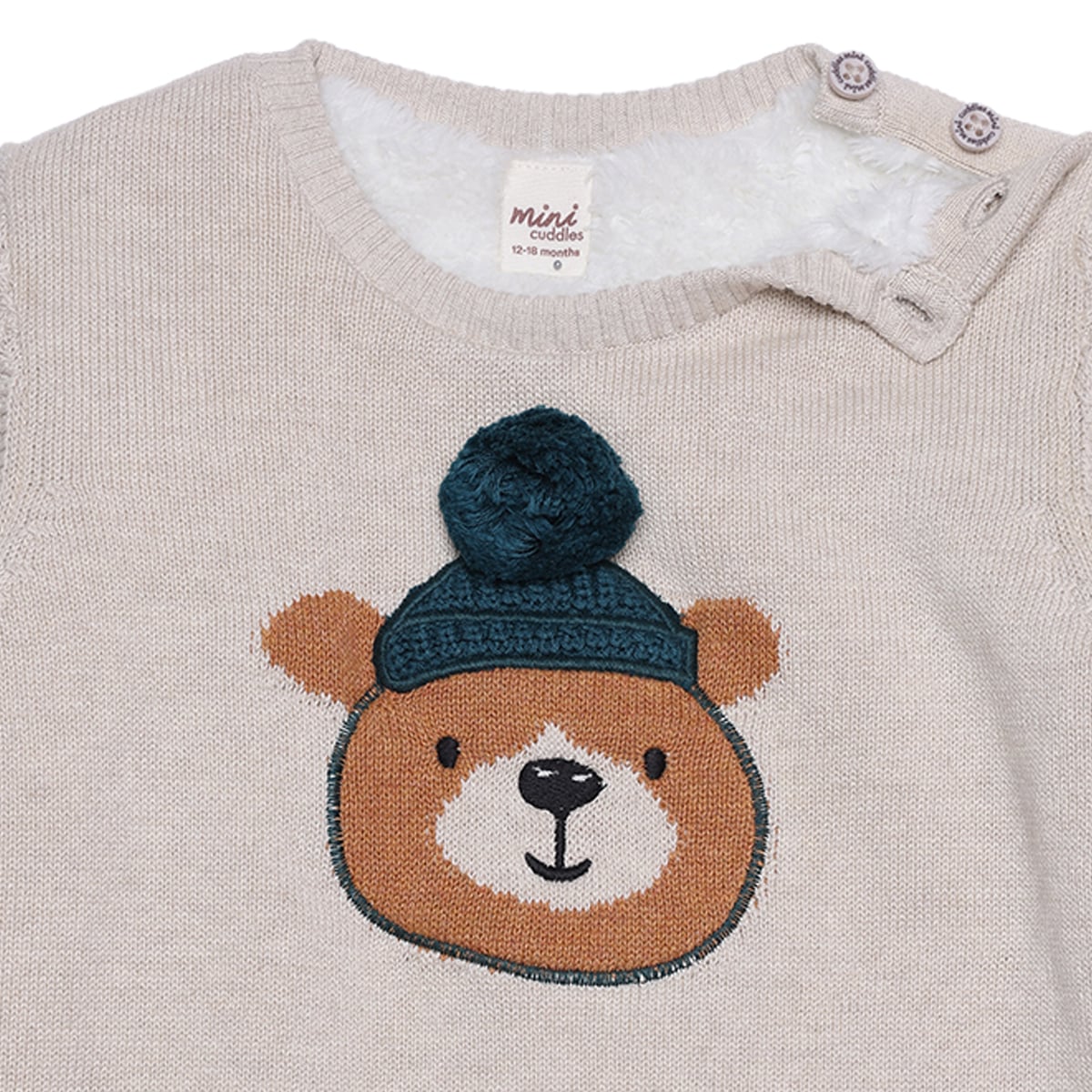 Baby Boys Beige Cotton Blend Bear Embroidered Knitted Full Sleeve Sweater Regular Fit Casual Wear
