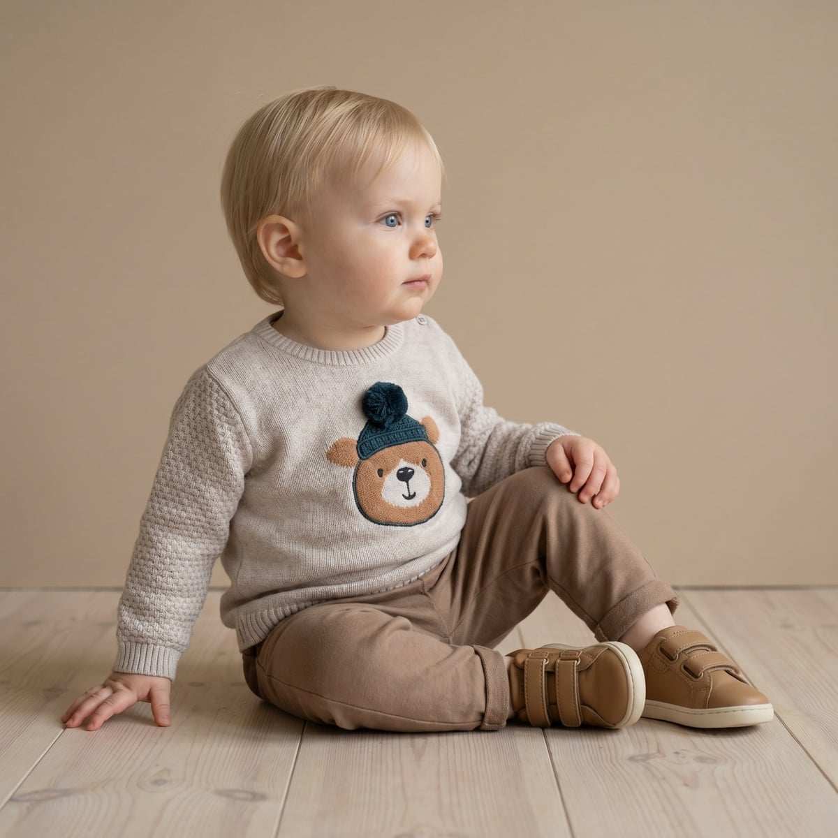 Baby Boys Beige Cotton Blend Bear Embroidered Knitted Full Sleeve Sweater Regular Fit Casual Wear