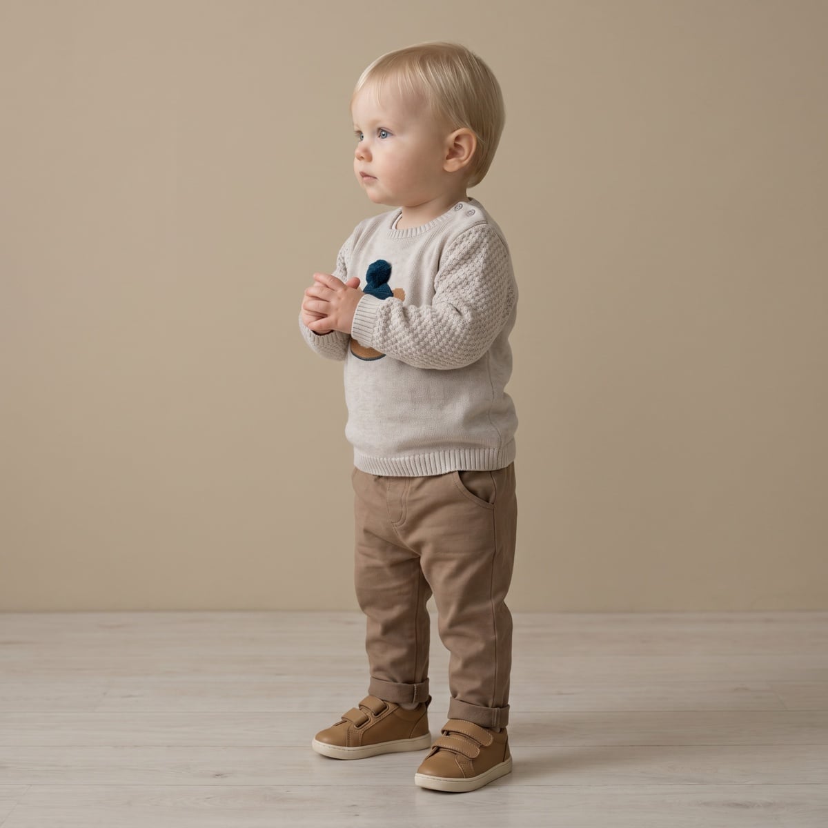 Baby Boys Beige Cotton Blend Bear Embroidered Knitted Full Sleeve Sweater Regular Fit Casual Wear