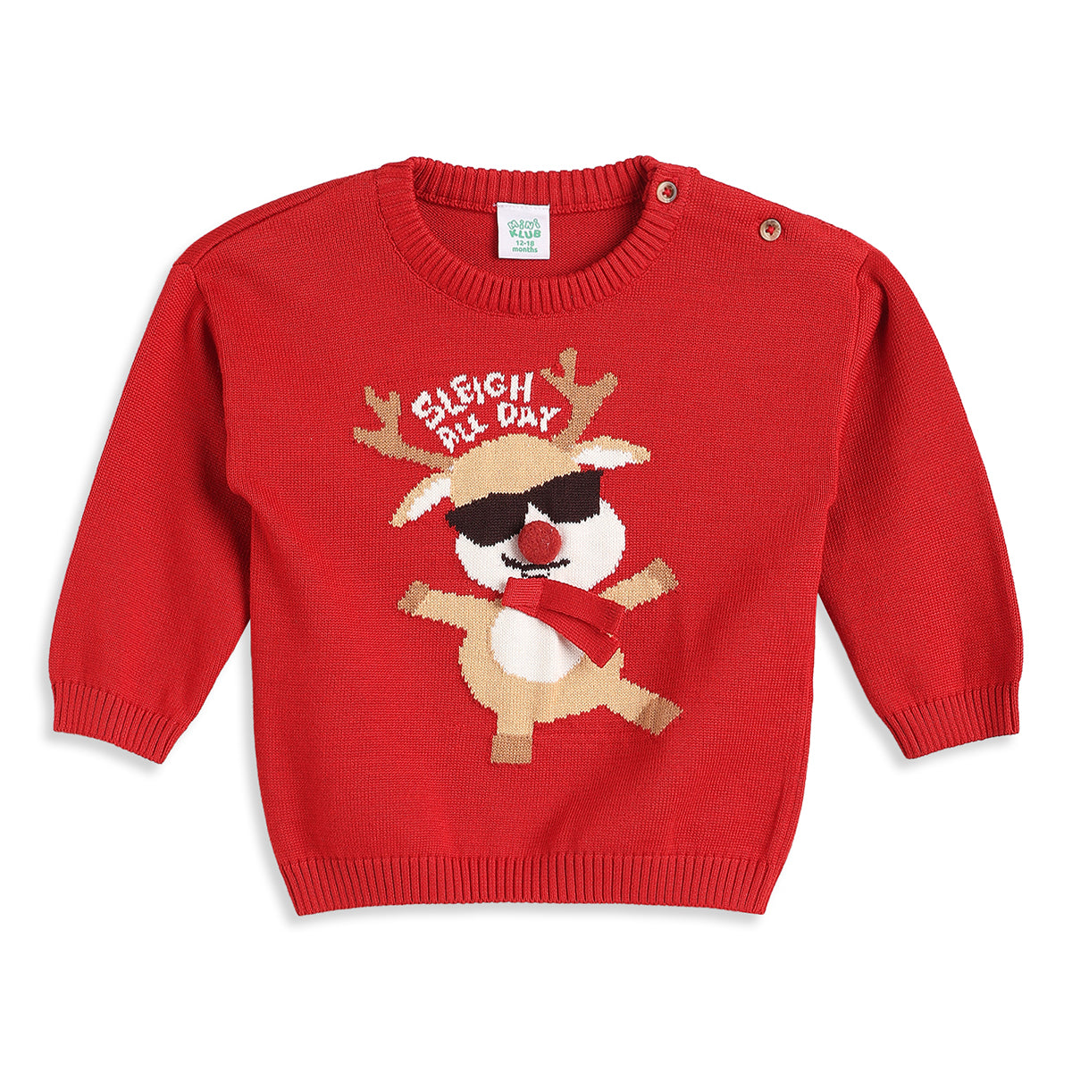 Baby Boy Red Cotton Blend Sweater Reindeer Graphic Winter Wear Regular Fit