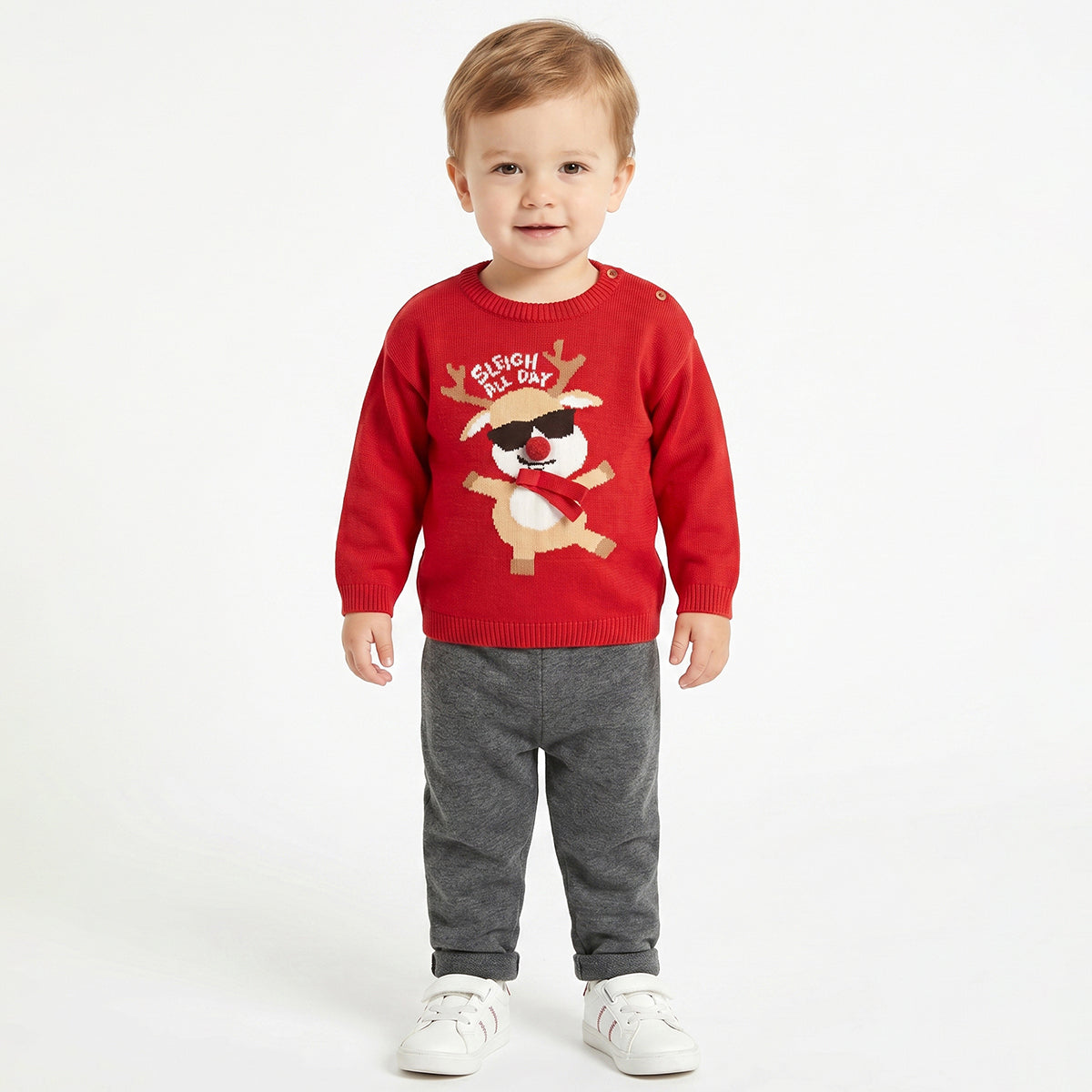 Baby Boy Red Cotton Blend Sweater Reindeer Graphic Winter Wear Regular Fit