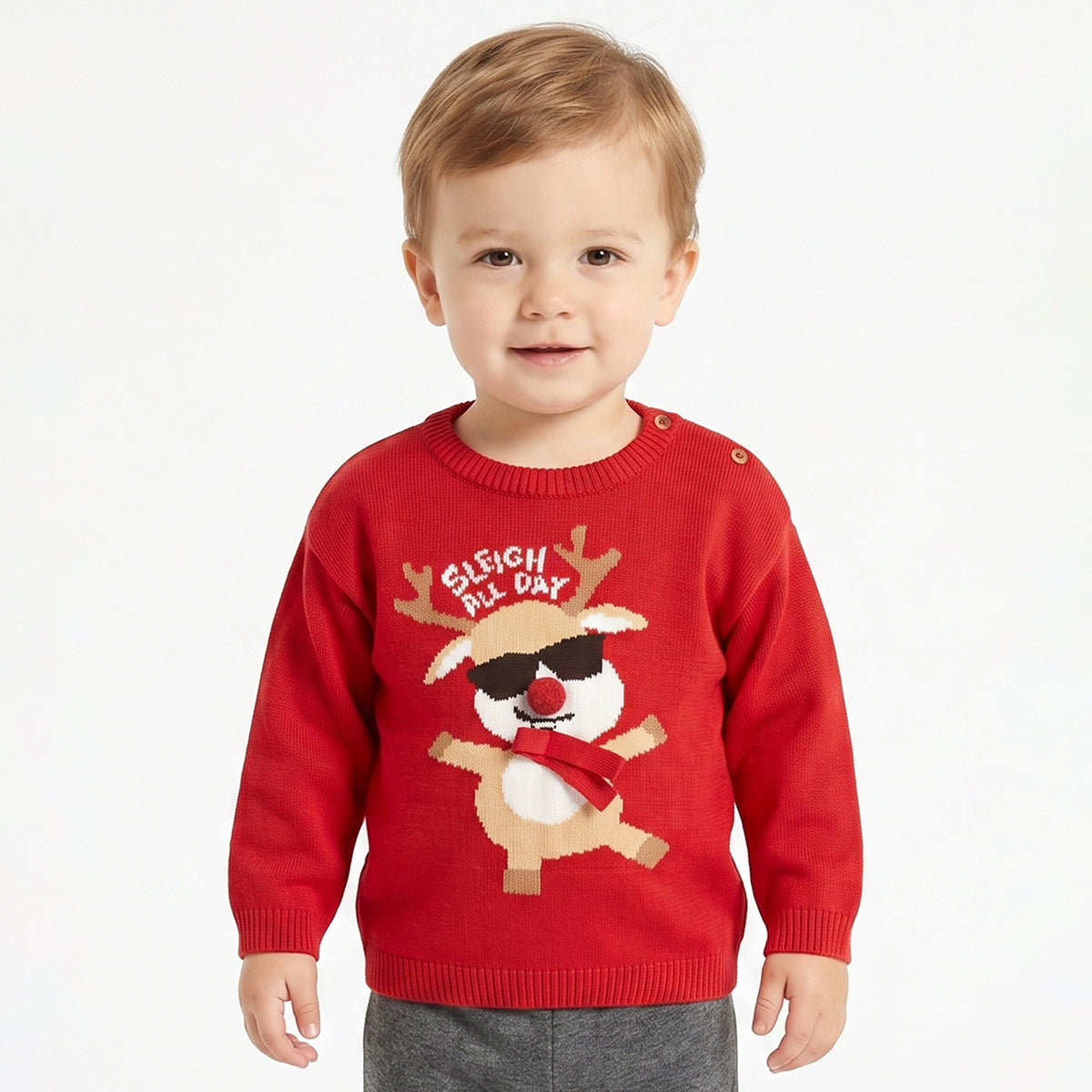 Baby Boy Red Cotton Blend Sweater Reindeer Graphic Winter Wear Regular Fit