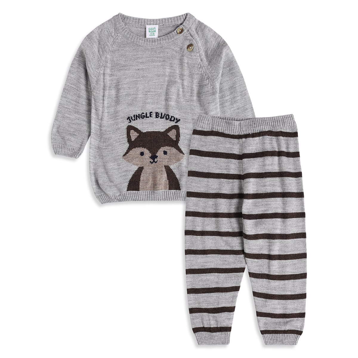Baby Boys Grey And Brown Knitted Animal Design Sweater And Knit Bottom Set Regular Fit Casual Wear