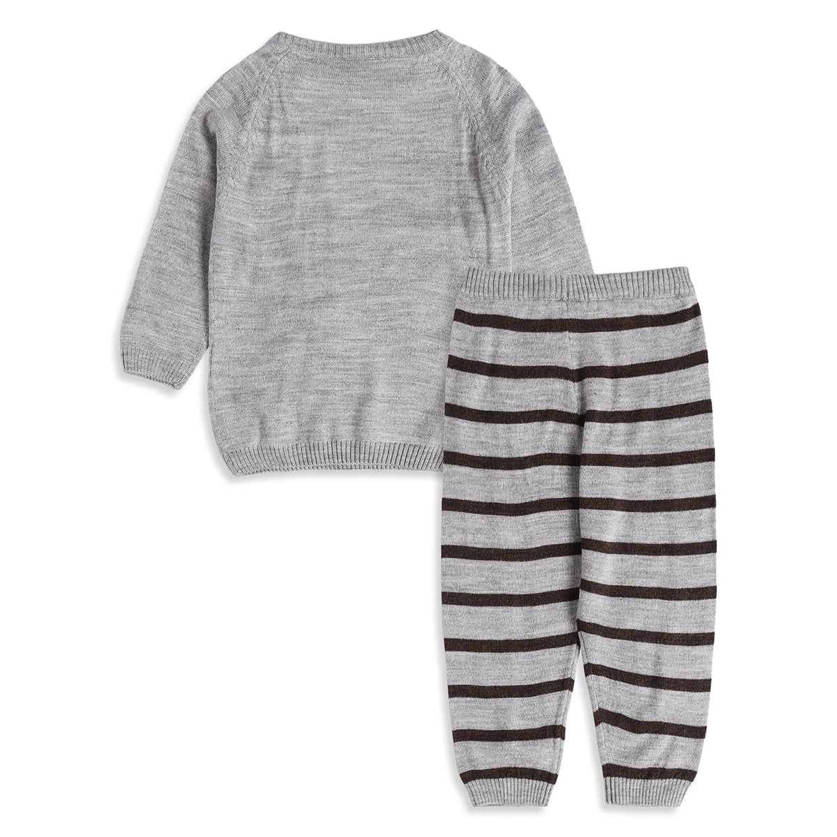 Baby Boys Grey And Brown Knitted Animal Design Sweater And Knit Bottom Set Regular Fit Casual Wear