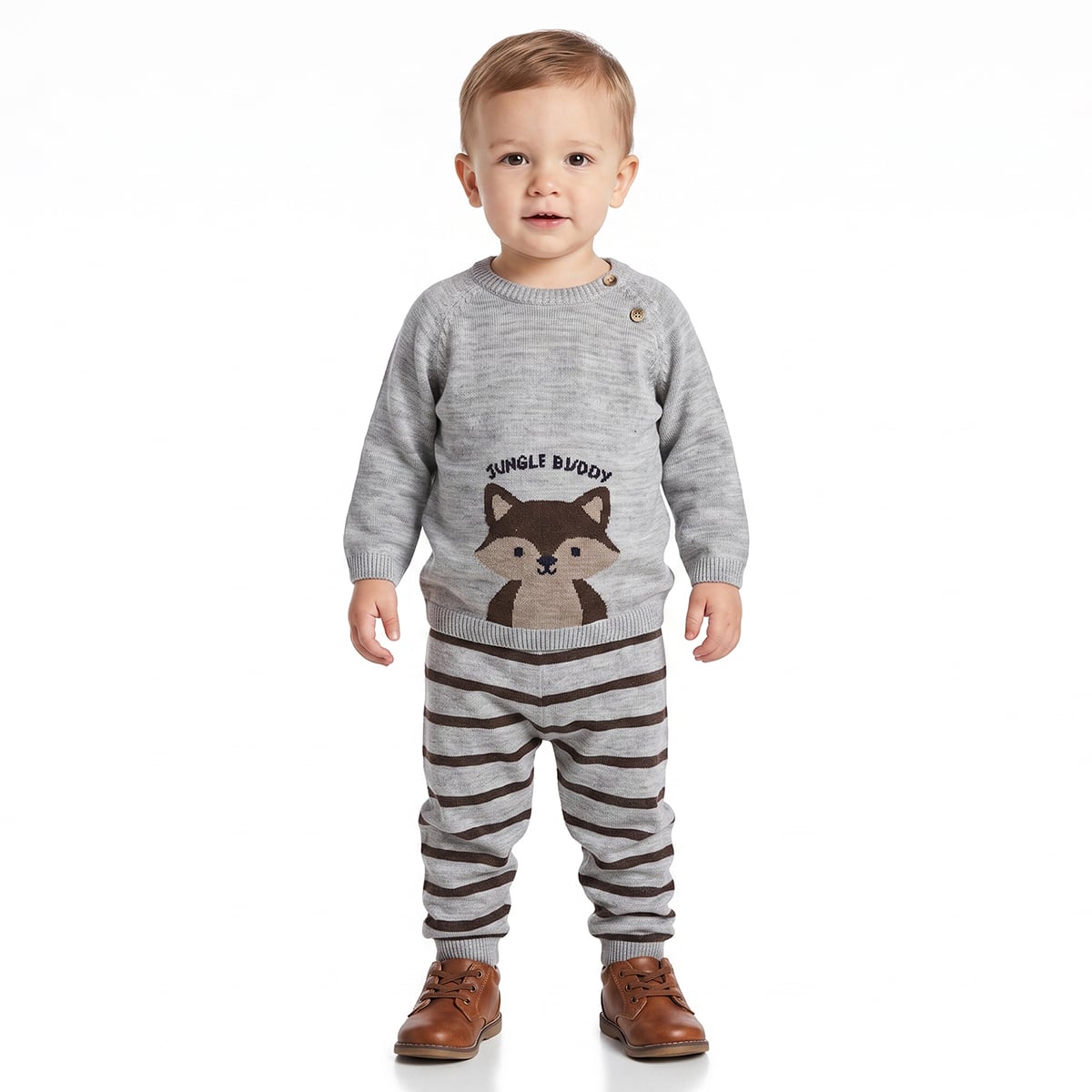 Baby Boys Grey And Brown Knitted Animal Design Sweater And Knit Bottom Set Regular Fit Casual Wear