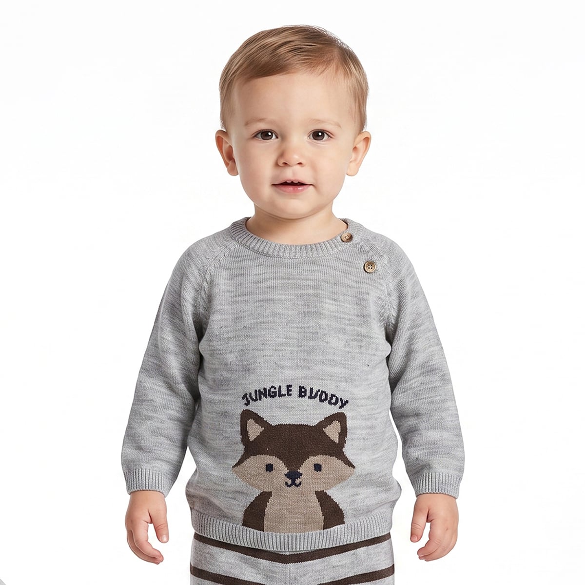 Baby Boys Grey And Brown Knitted Animal Design Sweater And Knit Bottom Set Regular Fit Casual Wear