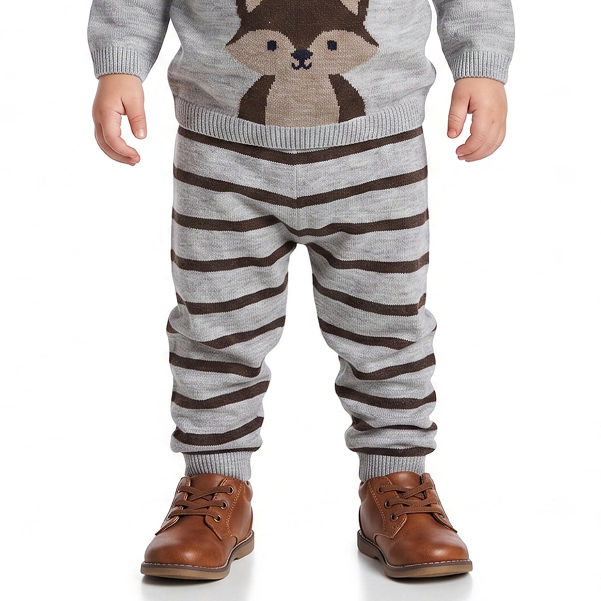 Baby Boys Grey And Brown Knitted Animal Design Sweater And Knit Bottom Set Regular Fit Casual Wear