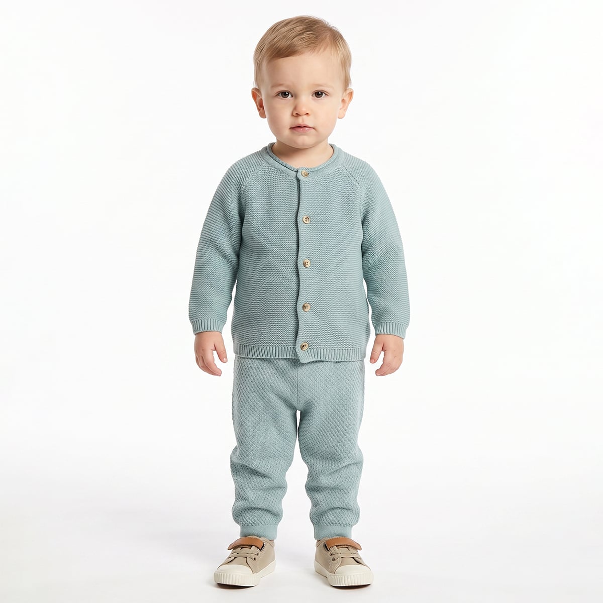 Baby Boys Mint Green Knitted Cardigan And Knit Bottom Set Regular Fit Casual Wear