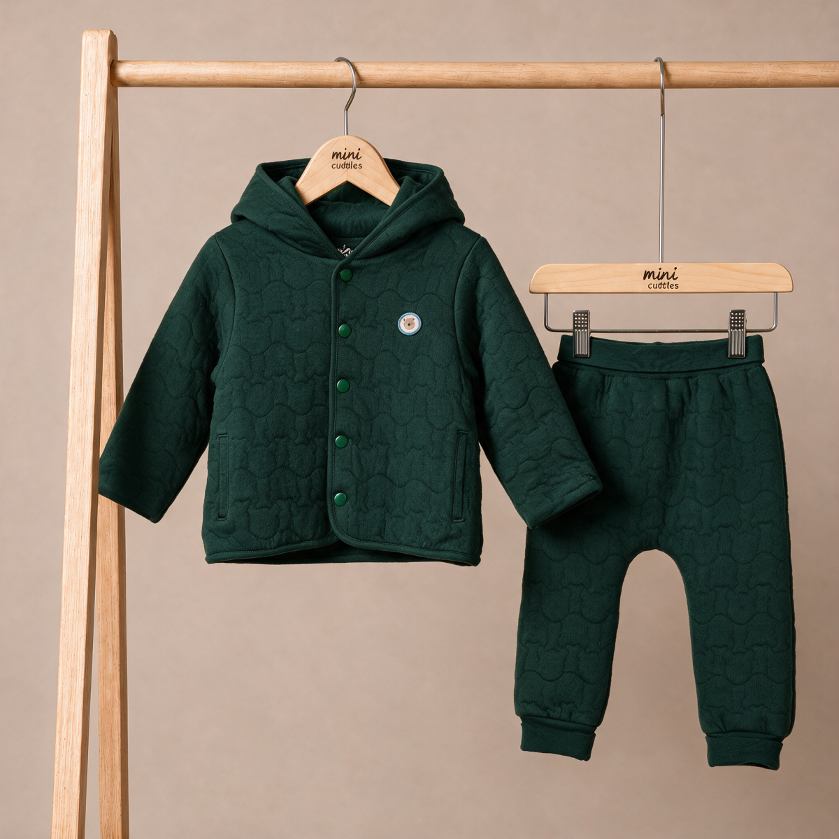 Baby Boys Dark Green Cotton Blend Textured Quilted Hooded Jacket And Bottom Set Regular Fit Casual Wear