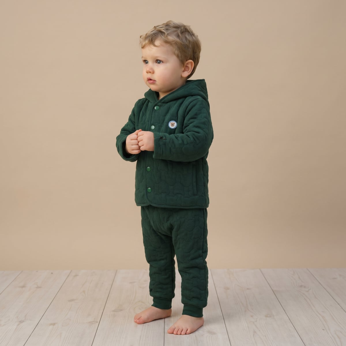 Baby Boys Dark Green Cotton Blend Textured Quilted Hooded Jacket And Bottom Set Regular Fit Casual Wear