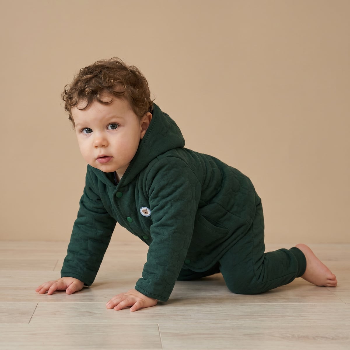 Baby Boys Dark Green Cotton Blend Textured Quilted Hooded Jacket And Bottom Set Regular Fit Casual Wear