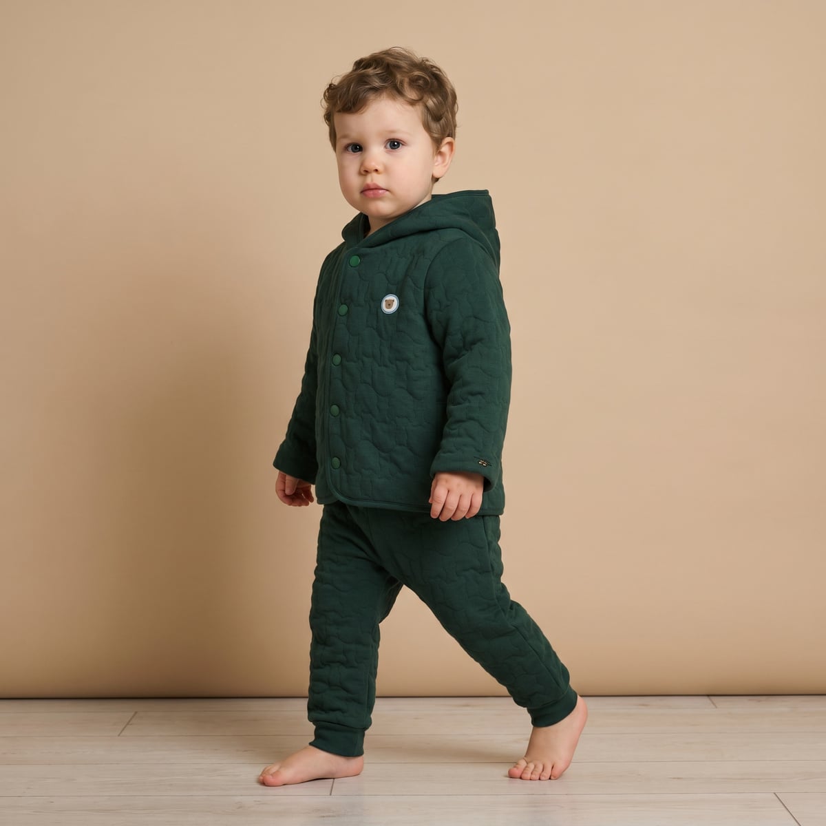 Baby Boys Dark Green Cotton Blend Textured Quilted Hooded Jacket And Bottom Set Regular Fit Casual Wear