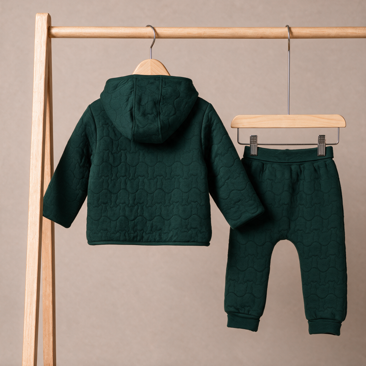 Baby Boys Dark Green Cotton Blend Textured Quilted Hooded Jacket And Bottom Set Regular Fit Casual Wear