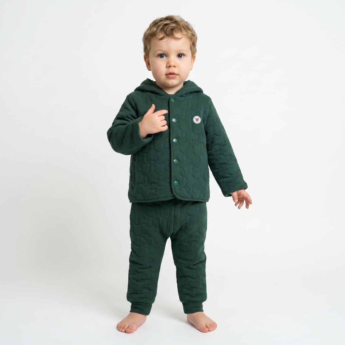 Baby Boys Dark Green Cotton Blend Textured Quilted Hooded Jacket And Bottom Set Regular Fit Casual Wear