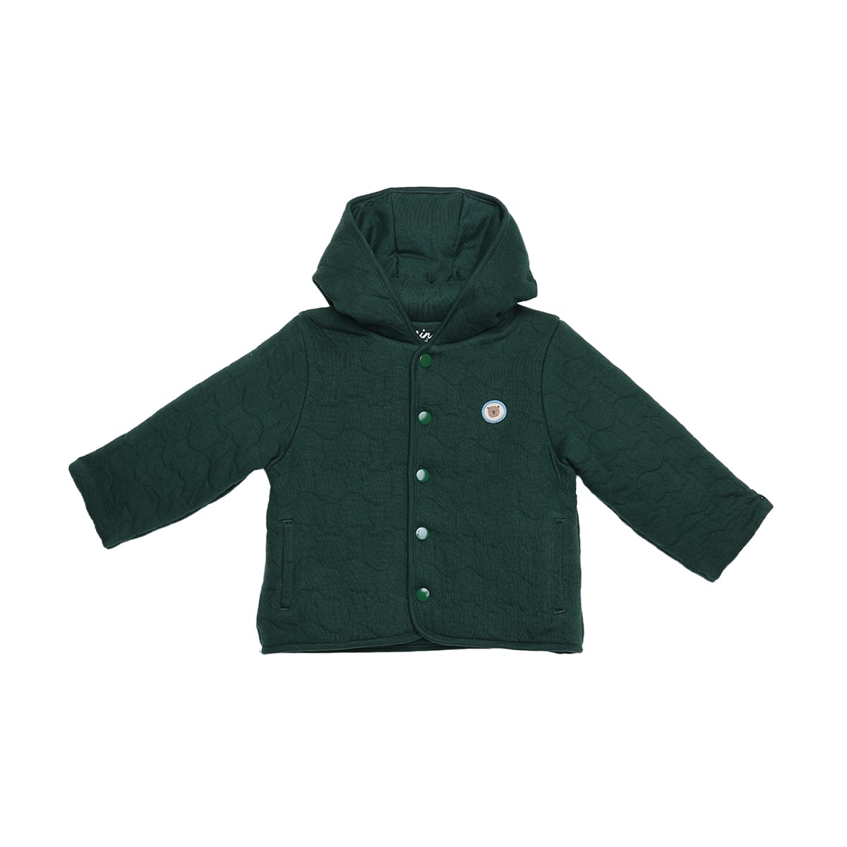 Baby Boys Dark Green Cotton Blend Textured Quilted Hooded Jacket And Bottom Set Regular Fit Casual Wear