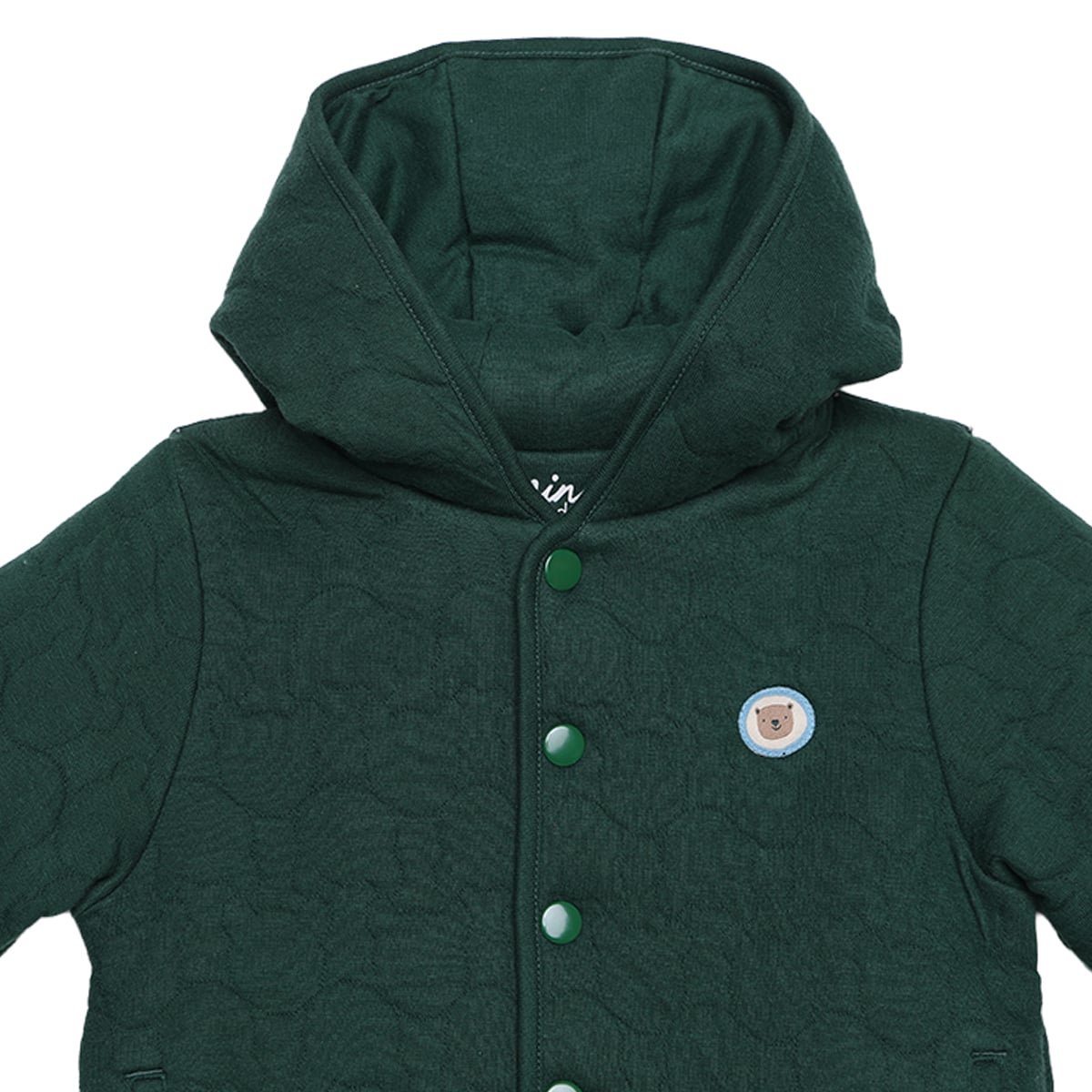 Baby Boys Dark Green Cotton Blend Textured Quilted Hooded Jacket And Bottom Set Regular Fit Casual Wear