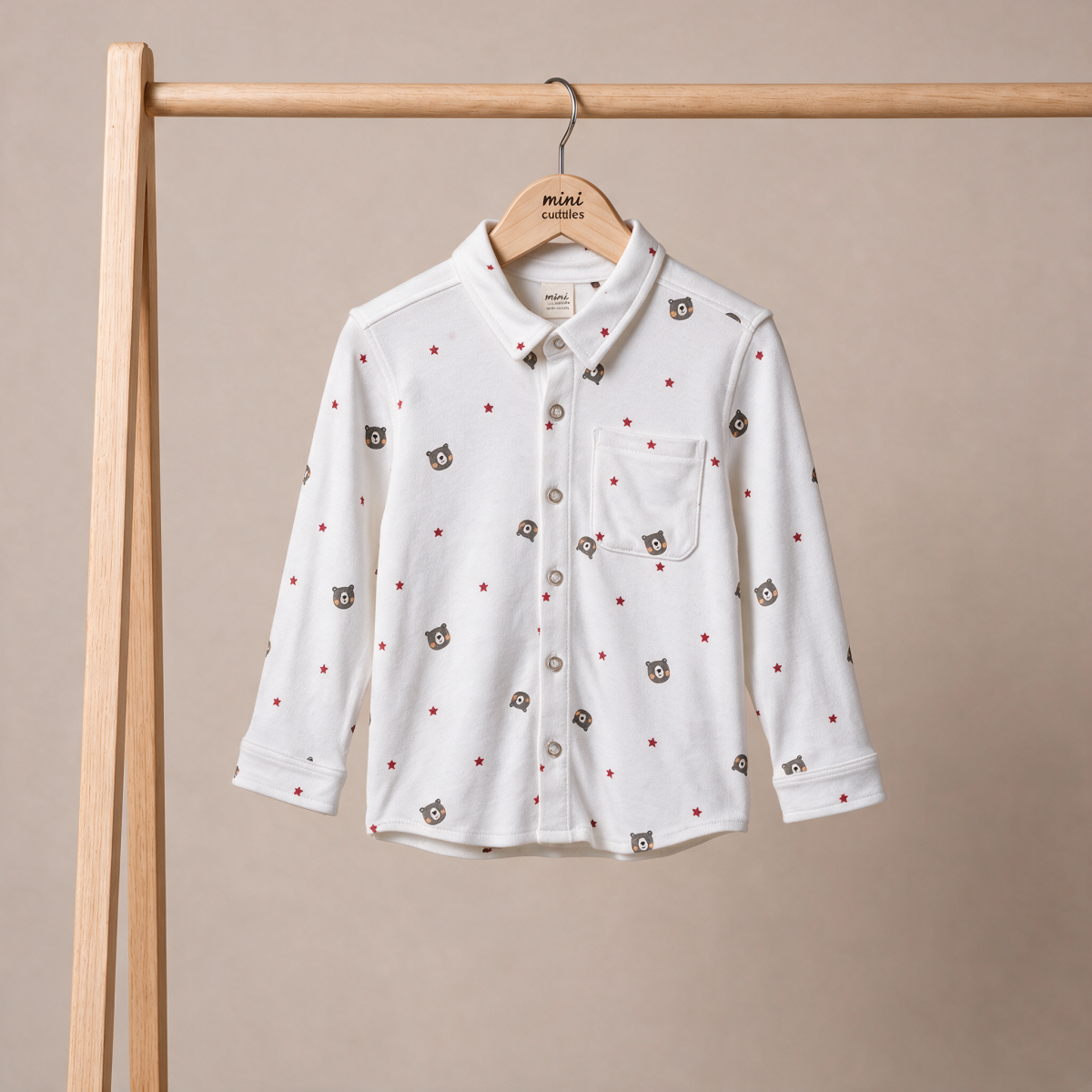 Baby Boys White And Brown Cotton Blend Bear Printed Shirt And Pant Set Regular Fit Casual Wear