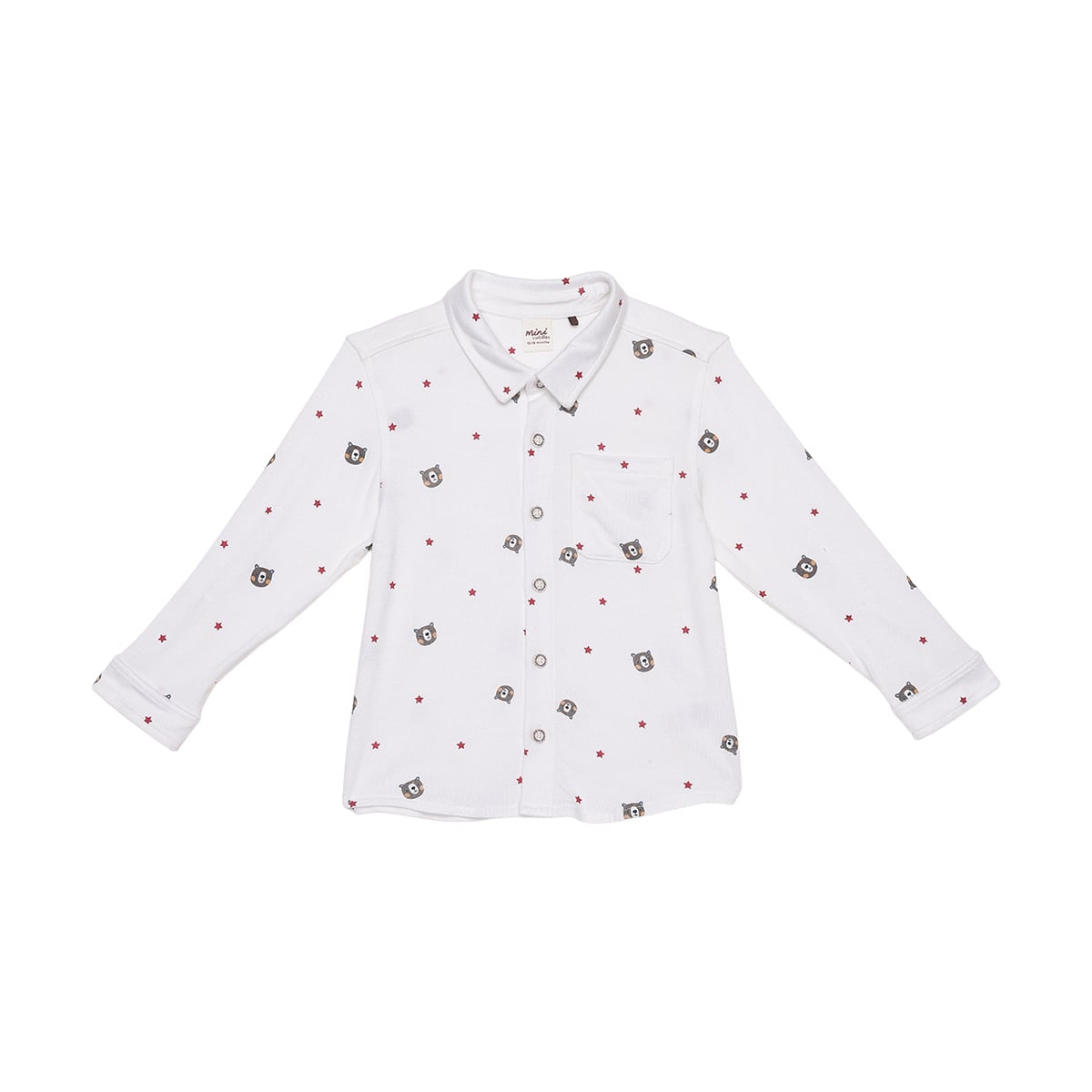 Baby Boys White And Brown Cotton Blend Bear Printed Shirt And Pant Set Regular Fit Casual Wear