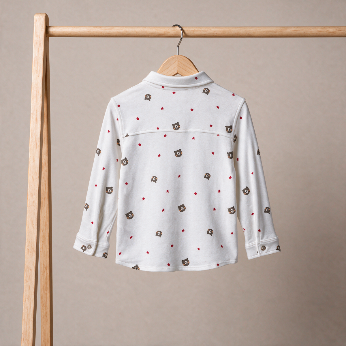 Baby Boys White And Brown Cotton Blend Bear Printed Shirt And Pant Set Regular Fit Casual Wear